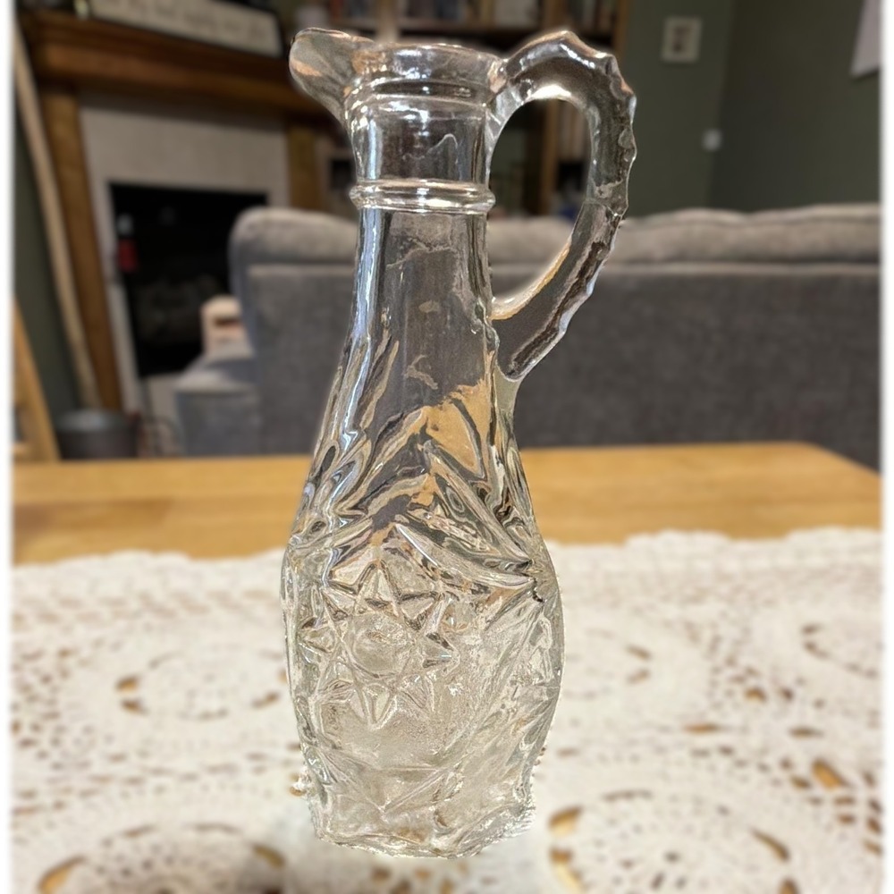 Vintage Clear Pressed Glass Cruet Starburst Diamond Pattern Oil Vinegar Decanter